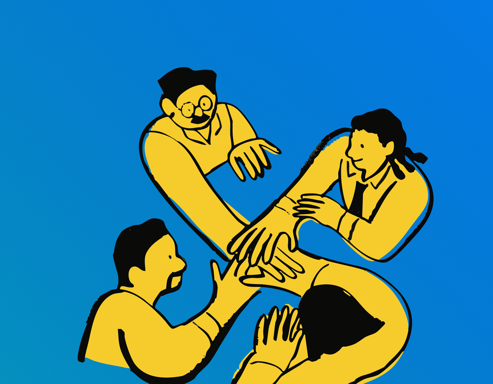 Mavi tonlu bir arka plan üzerinde, dört kişi dairesel biçimde bir araya gelmiş durumda. Her biri ellerini ortaya uzatarak üst üste koyuyor, bu da dayanışma ve birlik duygusunu yansıtıyor. Figürler sarı tonlarda, sade ve çizgi stilinde resmedilmiş. Karakterlerin yüz ifadeleri gülümseyen ve ilgili bir atmosfer oluşturuyor. Görsel, ekip çalışması, güven, liderlik ve birlikte hareket etme temasını çağrıştırıyor.