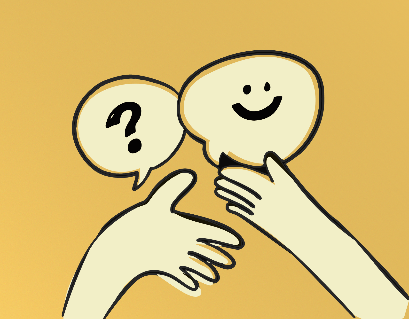 Sarı tonlu bir arka plan üzerinde iki el ve iki konuşma balonu yer alıyor. Soldaki el açık bir şekilde uzanmış; üstünde soru işareti bulunan bir konuşma balonuna yöneliyor. Sağdaki el ise gülümseyen yüz simgesine sahip bir konuşma balonunu tutuyor. Figürler sade, çizgi stilinde ve açık sarı renkte. Görsel, iletişimde soru sorma, anlama ve pozitif geri bildirim verme temasını çağrıştırıyor.