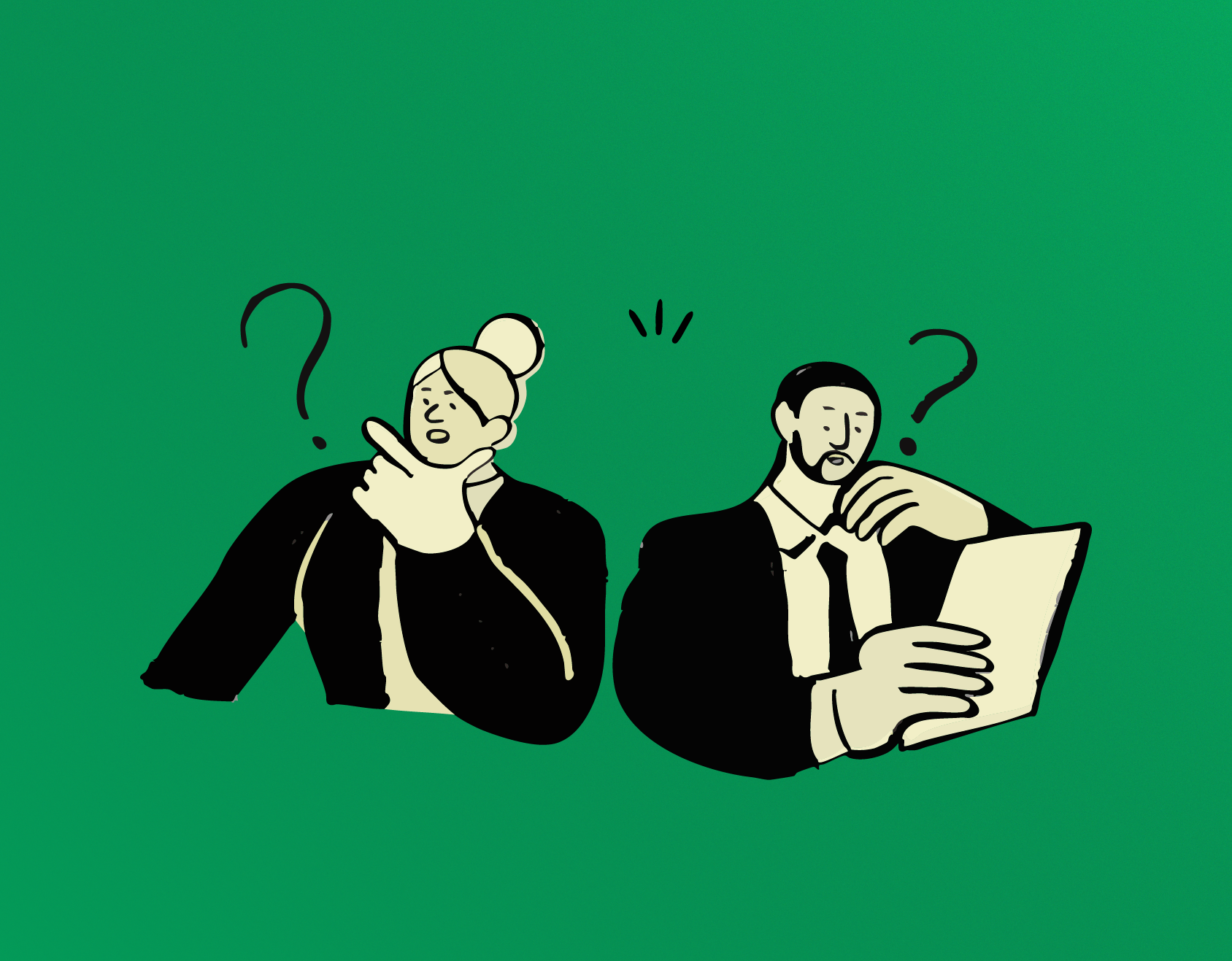 Yeşil arka plan üzerinde iki kişi yer alıyor. Soldaki kadın figür, elini çenesine götürmüş düşünürken görülüyor; başının yanında bir soru işareti var. Sağdaki erkek figür elinde bir belge tutuyor ve o da merakla ya da kararsızlıkla kağıda bakıyor; başının yanında bir başka soru işareti bulunuyor. İki figür birbirlerine hafif sırtlarını dönmüş duruyor, bu da aralarındaki iletişim kopukluğunu veya anlaşmazlığı ima ediyor. Her iki karakter de takım elbiseli, sade çizgilerle ve sarı tonlarda çizilmiş. Görsel, iletişimde belirsizlik, kopukluk ya da yanlış anlamayı çağrıştırıyor.