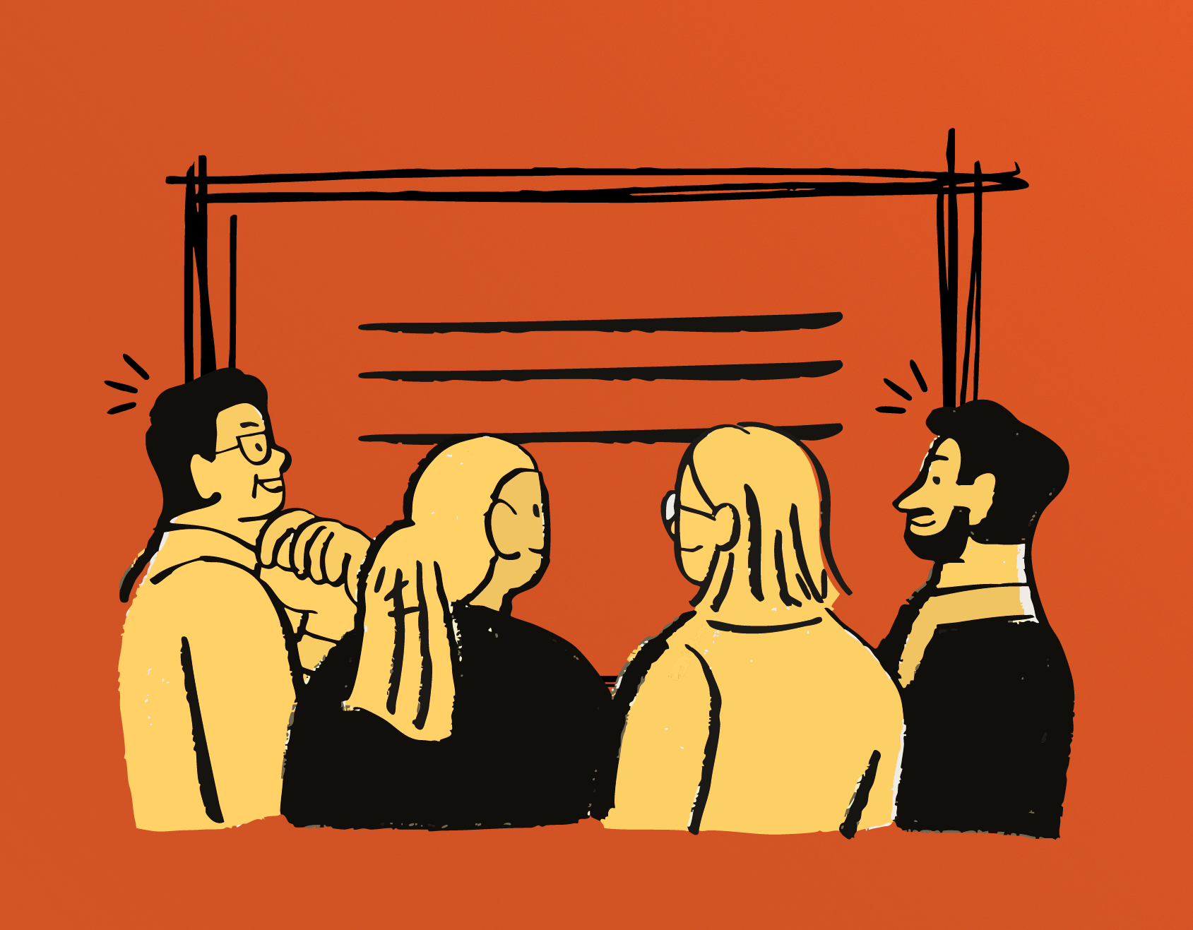 Turuncu arka plan üzerinde, dört kişi sırtları izleyiciye dönük şekilde bir panoya ya da ekrana bakıyor. Figürler sade, çizgi tarzında ve sarı tonlarda renklendirilmiş. Soldaki kişi gülümserken elini omzuna koymuş; ortadaki iki kişi uzun saçlı, sağdaki erkek figür de hafifçe gülümsüyor. Panoda birkaç yatay çizgi, yazı ya da bilgi alanını temsil ediyor. Görsel, birlikte öğrenme, tartışma ya da farkındalık oluşturma temalı bir sahneyi çağrıştırıyor.